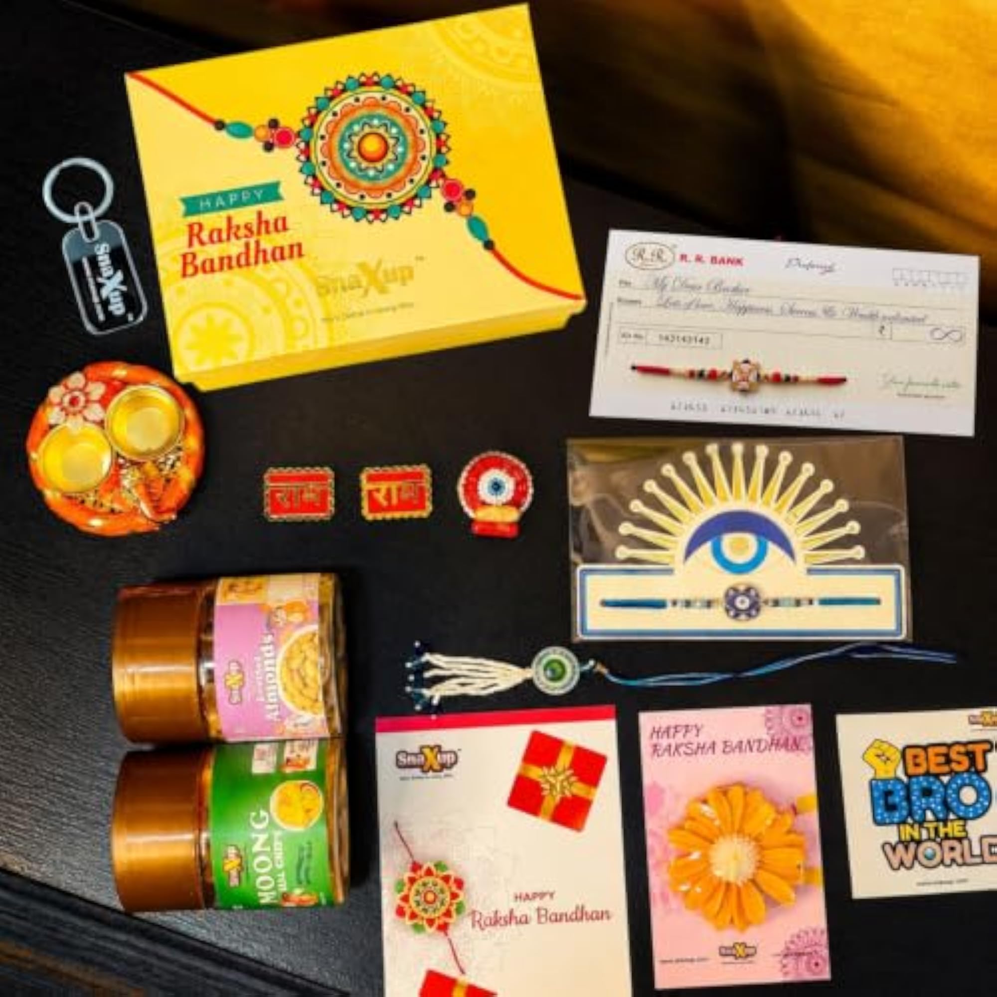 Golden Rishton Ki Mithas Rakhi Hamper with Almonds and Rakhis
