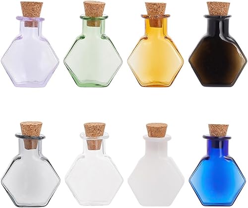 PH PandaHall 8 mini botellas de vidrio de colores, pequeños frascos de hechizos hexagonales, botellas de deseo con corchos, botellas de vidrio a la