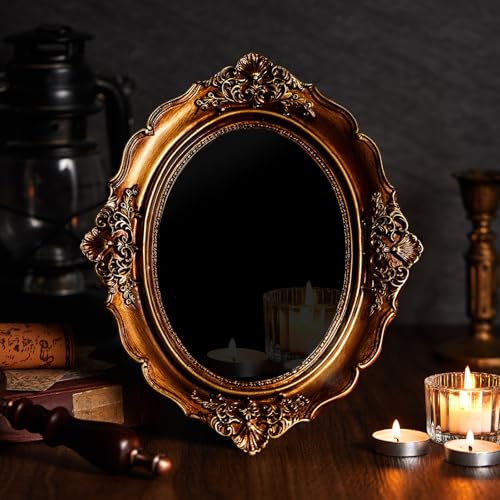 AceOrbit Black Obsidian Look Scrying Mirror with Vintage Frame Mystic Divination & Meditation Mirror Spiritual Gift Halloween Home Decor & Witchcraft Accessories(Oval Style 8 x 9.8 Inch)