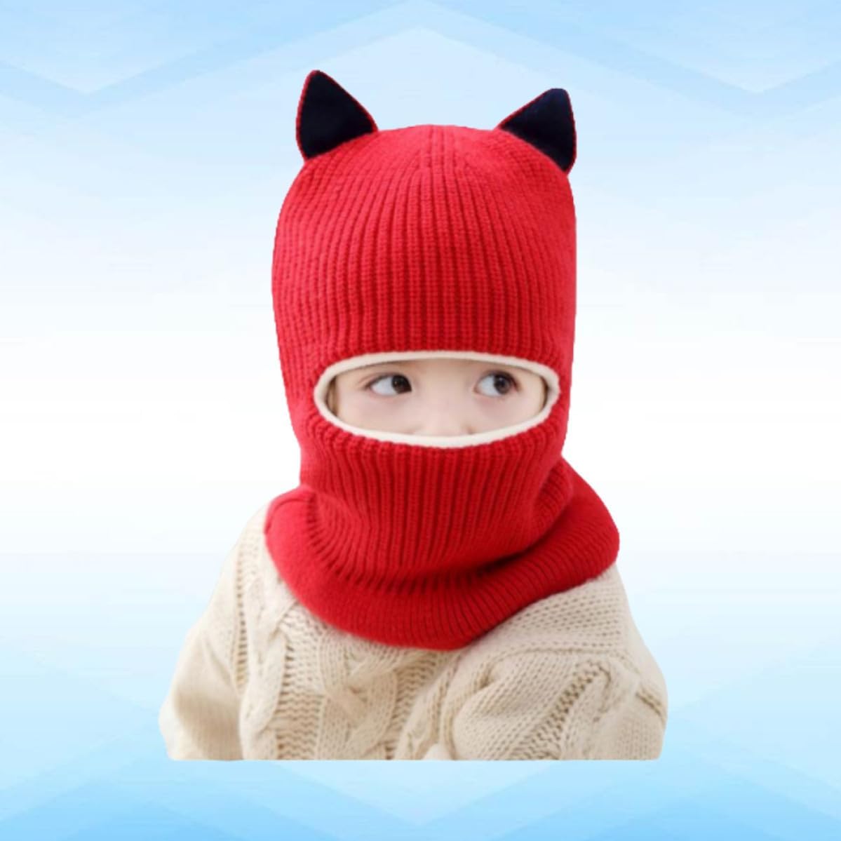 Winter Knit Face Mask Hat Red Windproof with Scarf, Warm