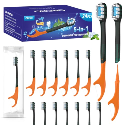 24Pack Disposable Toothbrushes with Toothpaste Pick Floss & Tongue Scraper