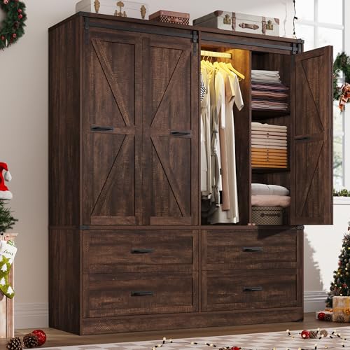 Farmhouse 4 Doors Armoire Wardrobe Closet w/Sliding Barn Door and Lights, LED Armoire Closet w/Drawers for Bedroom, Freestanding Wooden Wardrobe Storage Closets w/Hanging Rod,Rustic Brown