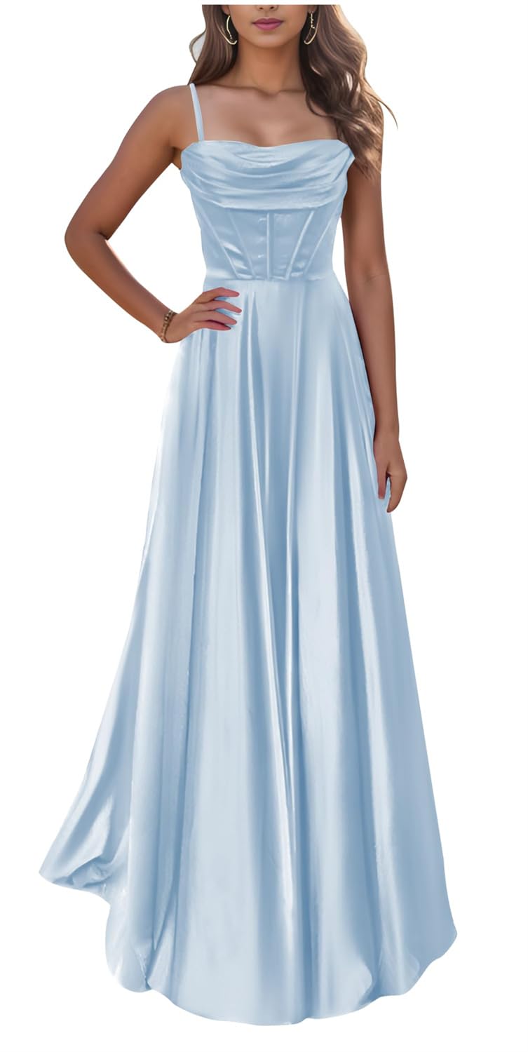 KIYNE Light Blue Prom Dresses for Women Spaghetti Strap Cowl Neck Satin Bridesmaid Dress Long Ball Gown UK6