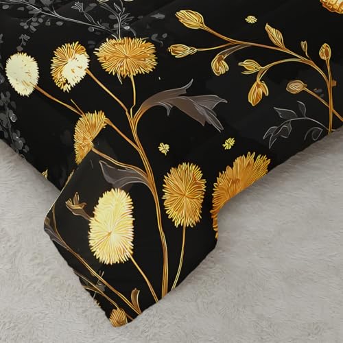 Image of AILONEN Twin Golden Butterfly Comforter Set, Black Wildflower Bedding, Dandelion Botanical Floral Decor, Lightweight Cozy Microfiber Dorm Kids Room