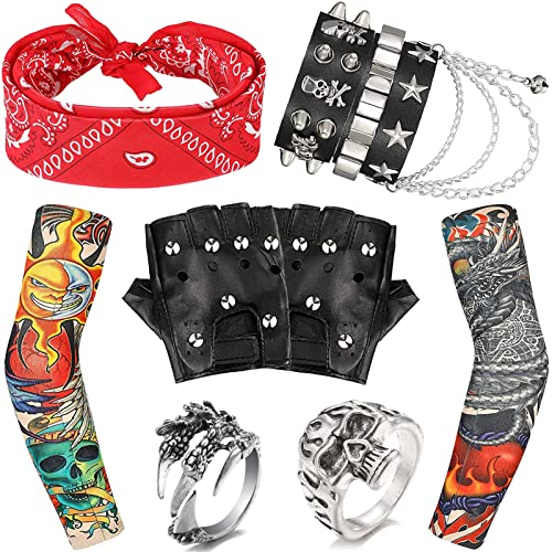 9 Stück Schwermetall Rock Kostüm Set, Punk Gotik Rocker Disco Zubehör mit Gefälscht Tattoo Ärmel Bandana PU Leder Armband-Ring für Jahre Männer Frauen Halloween Party Rocker Verkleidung Zubehör Cover