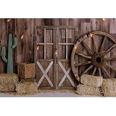 CSFOTO 7x5ft Western Cowboy Backdrop Wooden Barn Door Farmhouse Wheels Haystack Hay Bales Wagon Wheel Cactus Retro Photography Background for Cowboy Newborn Baby Shower Party Cover