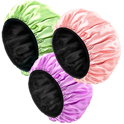 3 Pieces Shower Cap for Women, Triple Layers Extra Large Bath Caps with Dry Hair Waterproof Shower Hair Bath Cap Reusable Hair Dryer Cap Silky Satin Shower Hat Bonnet (Purple, Green, Pink)