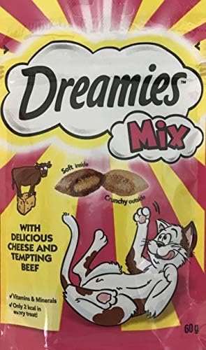 Dreamies Cat Treats Mix Bundle - 2 Flavours - Delicious Cheese & Tempting Beef and Scrumptious Salmon & Heavenly Tuna 60g (one of each)