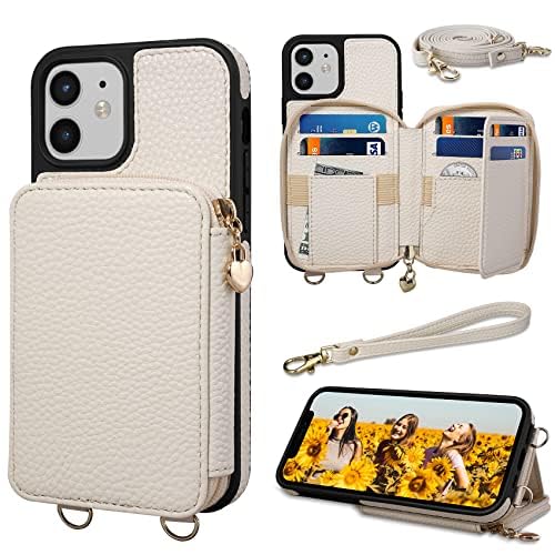 Keallce Case for iPhone 12/12 Pro Wallet, Detachable Lanyard & Handstrap Flip Card Slots with RFID Blocking for iPhone 12, Crossbody Zipper Purse