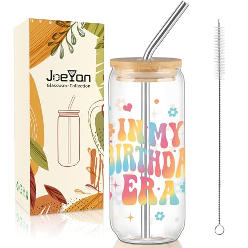 Joeyan Happy Birthday Gifts for Women, 20oz Rainbow Gradient Glass Drinking Tumbler with Lid & Straw, Unique Birthday Present for Teen Girl, Best Friend, Mom, Her - Iced Coffee, Tea & Smoothies Cup
