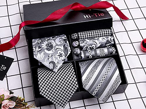 Image of Hi-Tie 3 Pcs Gift Box Mens Tie Set Necktie with Pocket Square Cufflinks Lapel Pin Silk Neck Tie Collection