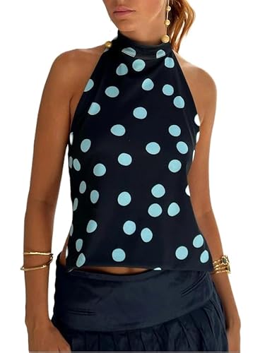 Women Y2k Halter Top High Neck Backless Floral Print Polka Dot Boho Summer Going Out Tops Blue S