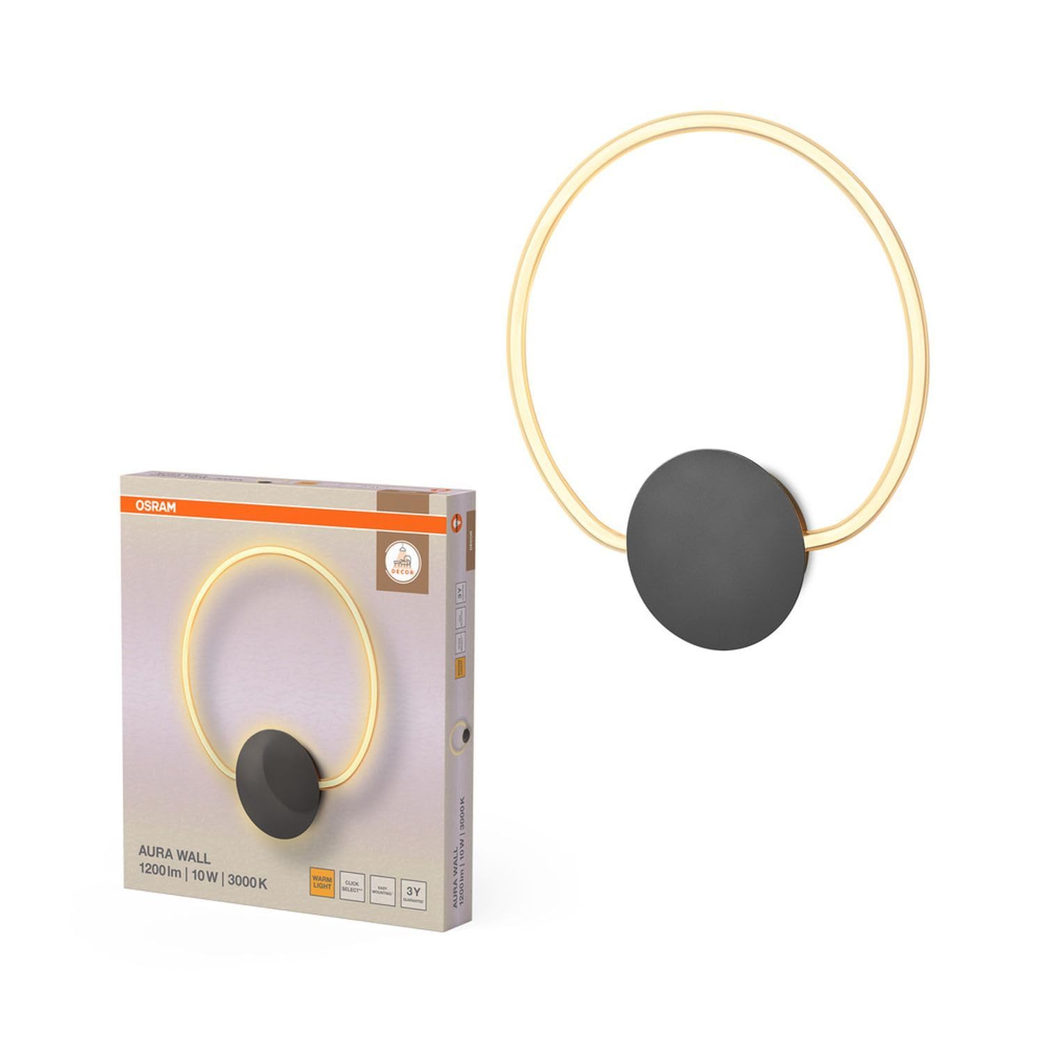 Osram Decor Aura - Lampada da parete in policarbonato curvo con LED e filamento, 10 W, 800 lm, 3000 K, 830 bianco caldo, Click Select, grigio scuro, plastica (PC), IP20