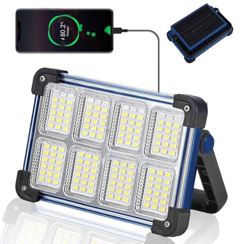 Image of 120W Solar Rechargeable Work Light, 144 LED Portable Flood Light with Stand, IP66 Waterproof 4 Modes LED Job Site Lighting Flashlights for Mechanic Camping Fishing Car Repair(Blue 1 Pack)