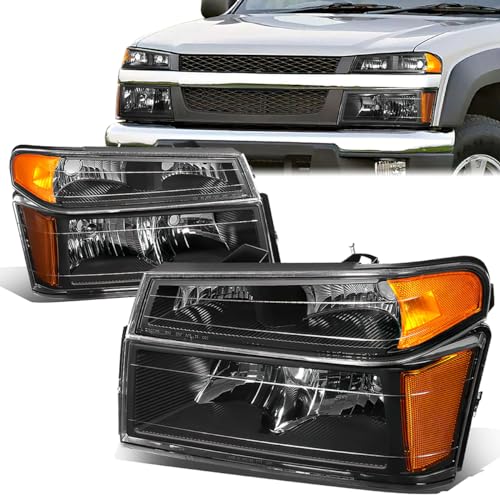 D SOLUTIONS Headlights Assembly and Bumper Lamps Compatible with Chevy Colorado GMC Canyon 2004-2012 Black Housing Amber Corner Factory Style GM2502234 GM2503236 15134194 15147930 20766569 20766570