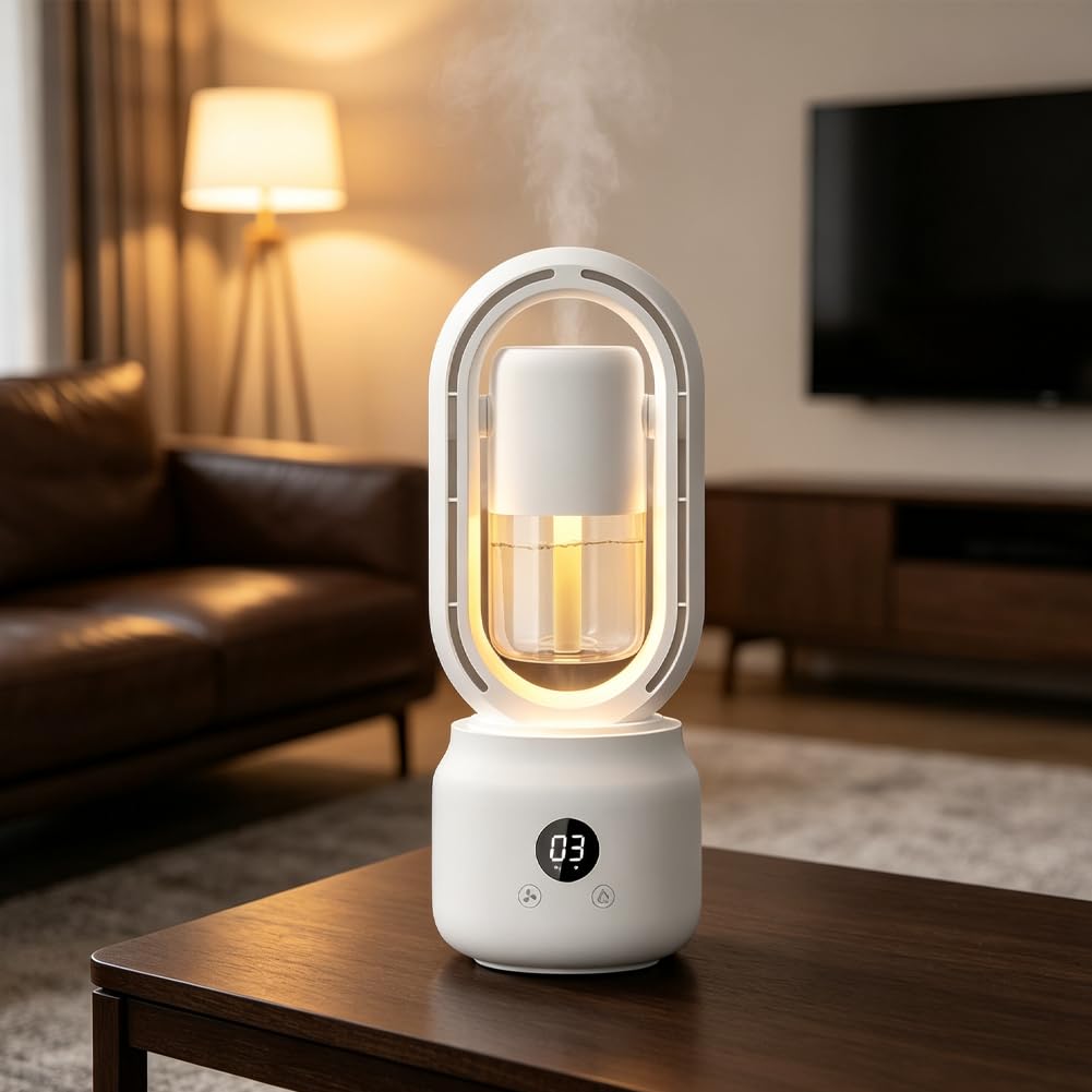 Tragbarer Blattloser Ventilator mit Nebel | Robustes ABS Material, PET Wassertank, langlebig, leicht zu reinigen, spritzwassergeschützt