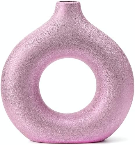 Gold with Texture Donut Hollow Ceramic Vase, Handmade Minimalist Boho ins Style, Modern Vase for Home Decor for Wedding Dinner Table Party Living Room Office Bedroom (Purple Gold, Large)