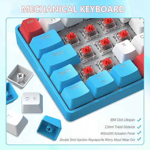 T60 UK Layout Przewodowa Klawiatura Do Gier, 60% Klawiatura Mechaniczna, Mini Compact Klawisze 62, 19 Rainbow LED Backlit Full Keys Anti-Ghosting Klawiatura do gier dla PC/Mac - Blue/Red Switch