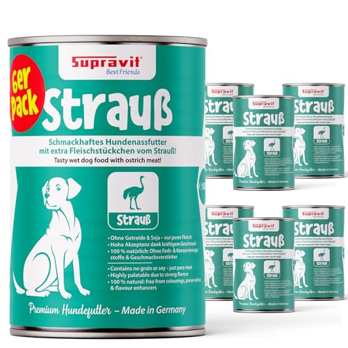 Supravit Nassfutter für Hunde I Hundefutter nass mit schmackhaftem Strauß I 6 x 820g Hunde Dosenfutter I getreidefreies Hundefutter für deinen ernährungssensiblen Hund I gut verdaulich