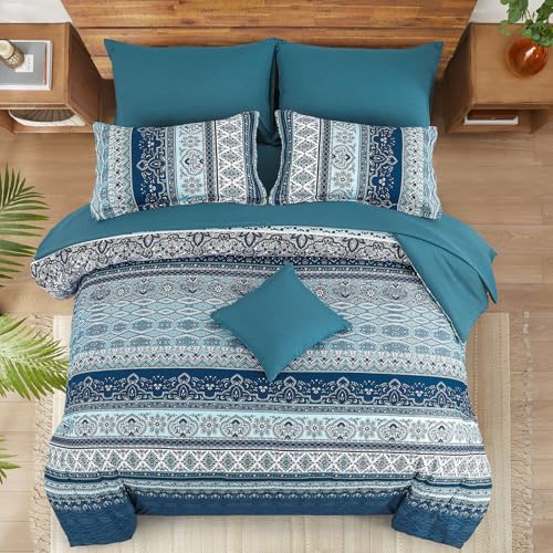 WONGS BEDDING Bohemian Double Duvet Cover Set Navy Blue Colorful Boho Striped Bedding Set with 2 Pillowcases Soft Microfiber Moroccan Quilt Cover 200x200cm