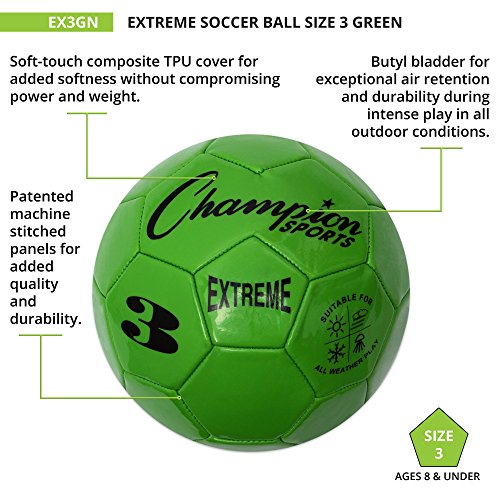 Champion Sports Extreme Series Soccer Ball, Size 3 - Youth League, All Weather, Soft Touch, Maximum Air Retention - Kick Balls For Kids Under 8 - Competitive And Recreational Futbol Games, Green #TOP3