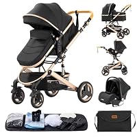 GLOKID 3 in 1 Prams Travel System, 0-4 Years, Foldable, Compact and Reclining Baby Pushchair, Aluminum Frame, Accessories, Nursery Bag (530 Black)