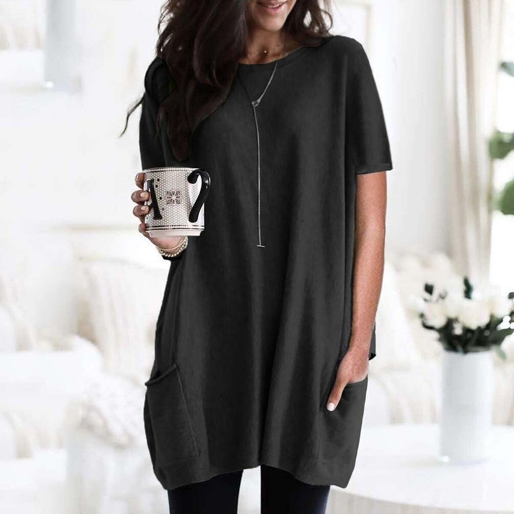 Camicia Lunga Da Donna Camicia Lunga A Maniche Corte Girocollo Top Tinta Unita Casual T-shirt Ampia Con Tasche Elegante Camicia A Maniche Corte Casual Colletto Tondo Camicette Oversize T-Shirt Donna (