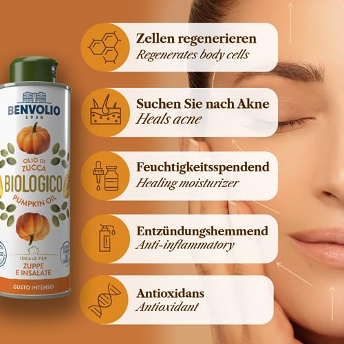BENVOLIO Kürbiskernöl Bio Kaltgepresst 250ml - 100% Natürliches & Rein, für Haut, Haar & ProstataGesundheit | Verwendung in Salaten, Suppen, Haut, Haarpflege, Lash und Brauenwuchs | Pumpkin Seed Oil