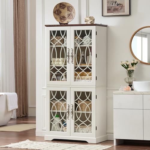 Image of Joaxswe 67 inch Tall Pantry Cabinet, Wood Kitchen Pantries Cabinets with Glass Doors & Adjustable Shelves, Freestanding Vintage Cupboard with Large Storage for Dining Room, Bathroom, Antique White