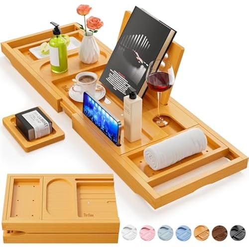 Bamboo Bath Tray, Foldable Premium Bath Caddy, Adjustable Bath Board with Book Rest, Extendable Wooden Tray Bath Shelf – Fits Most Bath Sizes