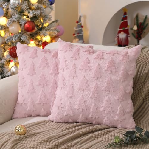 DFXSZ Christmas Tree Pillow Covers 18x18 inch Set of 2 Christmas Decoration Pink Soft Plush Faux Fur Jacquard Throw Pillows for Bedroom Sofa Holiday Festivals Winter Home Decor PTK006D18