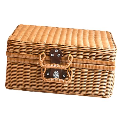ibasenice Maleta de Estilo Retro de Ratán Sintético, Caja de Almacenamiento Tejida a Mano Tamaño Pequeño 35x24x12 Cm Color Caqui, Cesta Rústica Portátil para Organización y Decoración