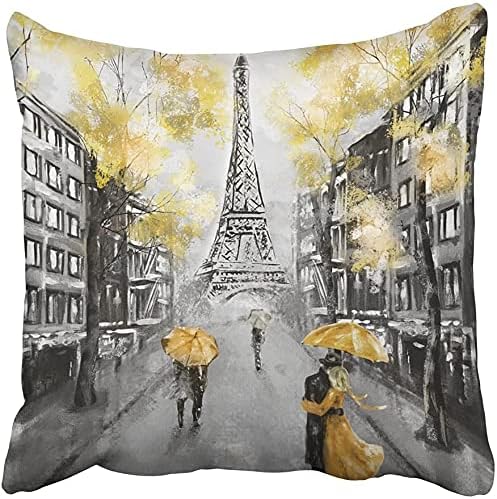 Emvency Throw Pillow Cover Square 16x16 Inches Oil Painting Paris European City Landscape France Eiffel Tower Black White and Yellow Modern Couple Polyester Decor Hidden Zipper Print On Pillowcases