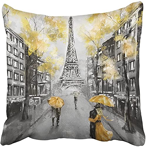 Emvency Throw Pillow Cover Square 16X16 Inches Oil Painting Paris European City Landscape France Eiffel Tower Black White And Yellow Modern Couple Polyester Decor Hidden Zipper Print Pillowcases #TOP16