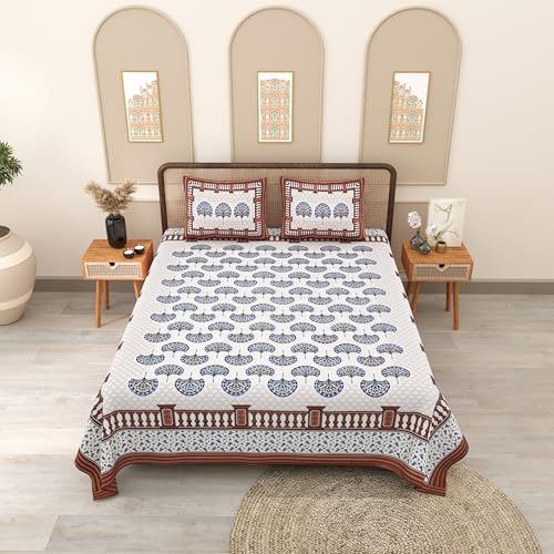 Image of 144 TC 100% Cotton Bedsheet for Double Bed King Size with 2 Pillow Covers | Breathable & Super Soft Rajasthani Sanganeri Jaipuri Printed Bed Sheet - 90 * 108 Inches (Jaipuri)