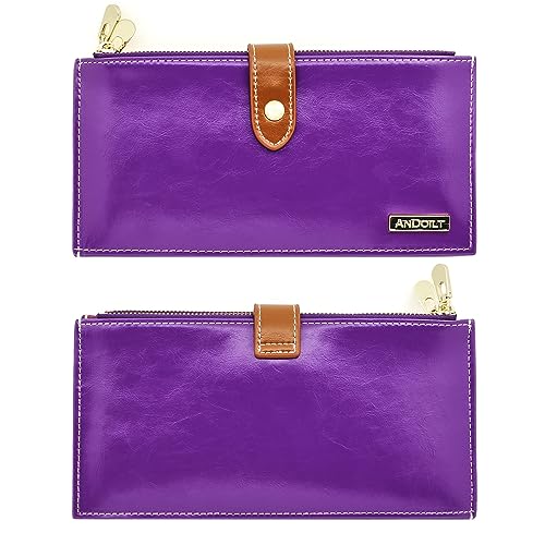 Image of ANDOILT Women's Genuine Leather Wallet RFID Blocking Credit Card Holder Zipper Purse Cell Phone Handbag