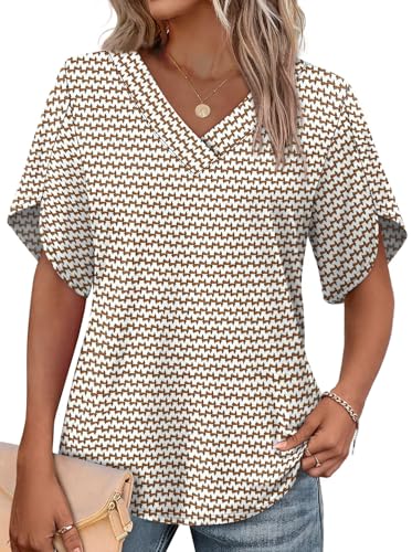 Image of WIHOLL Womens Summer Tops Short Petal Sleeve Shirts Fashion V Neck Womens Clothing