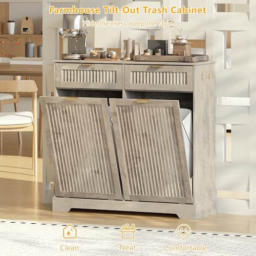 Image of Double 13 Gallon Tilt Out Trash Can Cabinet,Garbage Cabinet with Drawer | Hidden Garbage Storage with Fluted Design, Drawer & Hooks for Kitchen, Dining Room and Small Space Organization,Wood Grey