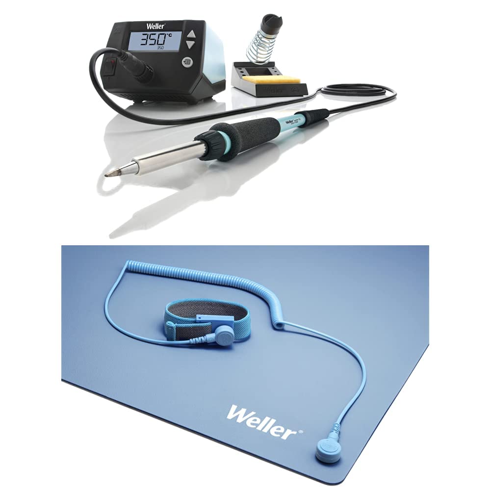 Weller WE 1010 (T0053298699) 70 W/230 V Digital 1-Kanal-Lötstation und Antistatische ESD Premium Tisch-Lötmatten Set, 900 x 600 mm, Blau