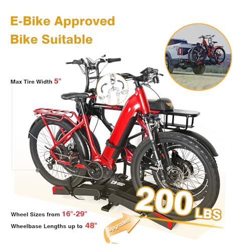 Eco Pro Upgraded 200lbs EBike Rack with Ramp for 2 E-Bikes, Hitch EBike Rack for Cars SUVs Trucks, Foldable Tilting Bike Rack Platform for Tow Hitch 2" Receiver, E-Bike Carrier Fits up to 5" Fat Tire