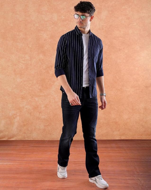 Image of Men's Cotton Casual /Semi Formal Stylish Striped Shirt for Men Navyblue