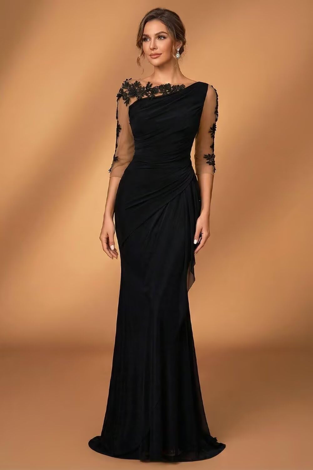 AKLASU Chiffon Mother of The Bride Dresses for Women Lace Applique Ruffle 3/4 Sleeve Mother of the Groom Dresses