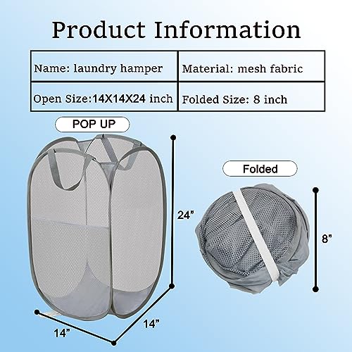 Aplter 2 Pack Pop Up Laundry Hamper, Collapsible Laundry Baskets, Foldable Mesh Laundry Baskets Storage Bins Large Top Opening for Bedroom, College Dorm, Travel (Grey) - Thumbnail 6