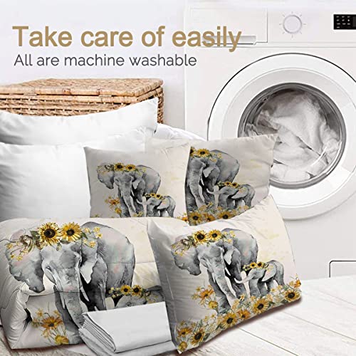 Blessliving Elephant Sunflowers Queen Comforter Set - 8 Piece Hippie African Elephant Bed In A Bag, Rustic Elephant Bedding Sets Queen With Comforters, Sheets, Shams & Pillowcases #TOP6