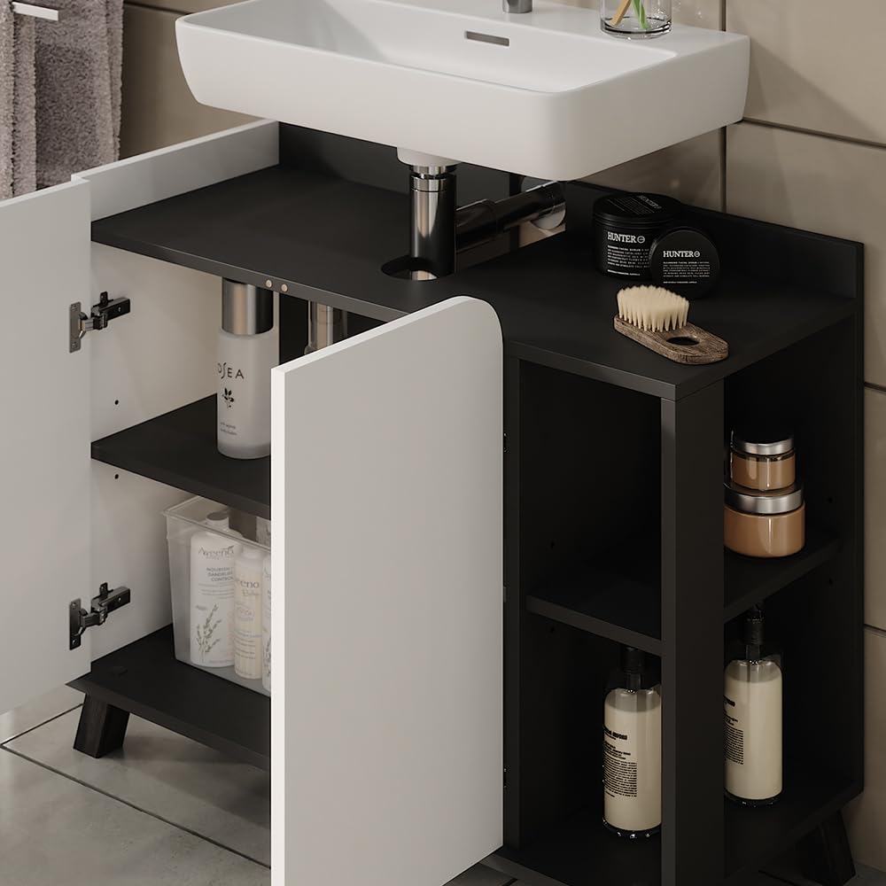 Vicco Mobiletto per lavabo Karen, Antracite/bianco, 80 x 65 cm con 2 porte, per una conservazione salvaspazio sotto il lavandino