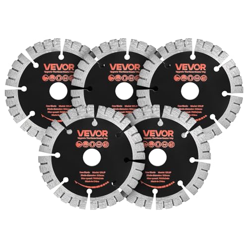 VEVOR Disco de Corte de Diamante 125 mm, Juego de 5 Piezas, Disco para Rozadora de Pared con Eje 20 mm, Segmentos 2 mm, Núcleo de acero 65Mn para Hormigón Ladrillo Mampostería Cableado y Tuberías