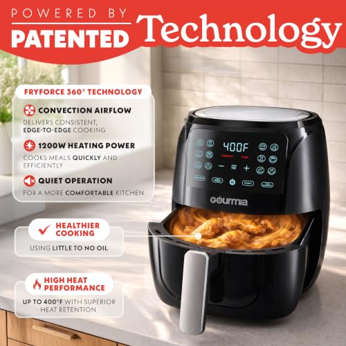 Image of Gourmia Air Fryer - 4 Qt Capacity, FryForce360º, Digital Display with 8 Presets, Roast, Bake, Broil, Dehydrate, Dishwasher Safe Accessories, Compact, Black