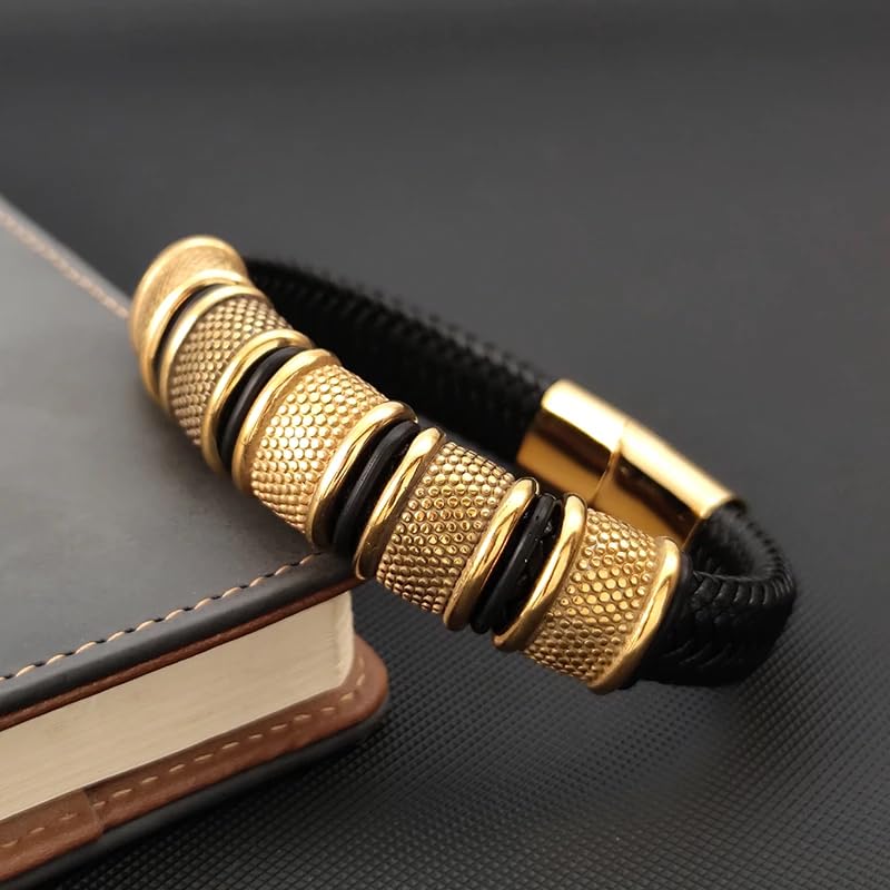 Image of THE MEN THING Leather Bracelet for Men - American Style Genuine Leather Multi-Layer Braided Bracelet with 100% Stainless Steel Magnetic Buckle for Men & Boys (8 inch)