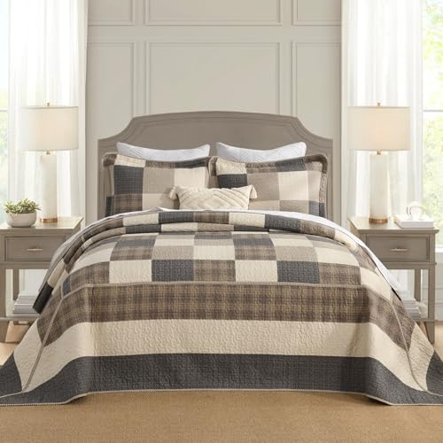Image of 100% Cotton Oversized King Bedspread 128x120, Brown Neutral Plaid | Extra-Wide Coverage, Reversible 3-Piece Bedding Set, Fits Thick Mattresses, Lightweight All-Season Comfort, Modern Farmhouse