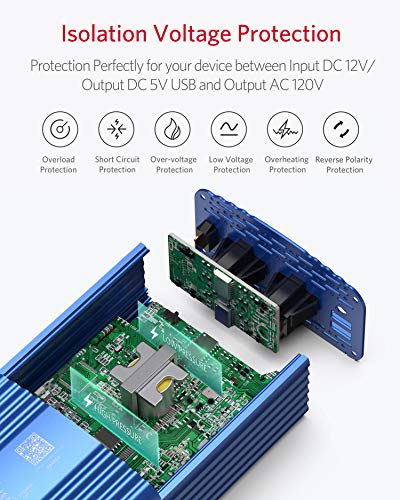 BESTEK 500W Pure Sine Wave Power Inverter DC 12V to 110V AC Car Plug Inverter Adapter Power Converter with 4.2A Dual USB Charging Ports and 2 AC Outlets Car Charger, ETL Listed, Blue